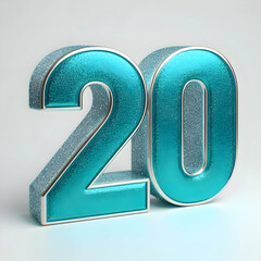 A 3D number 20 in bright turquoise with glittery finish and silver metallic edges, clean white background, photorealistic style