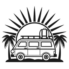 Obraz premium Retro Van Life Adventure Beach Sunset Palm Trees Summer Vacation Travel Road Trip