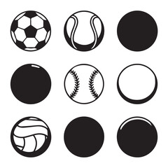 A collection of sports balls like soccer, tennis, and baseball, alongside solid and empty circles