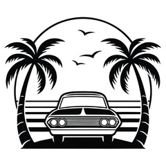 Retro Sunset Cruise Palm Trees and Vintage Car Silhouette