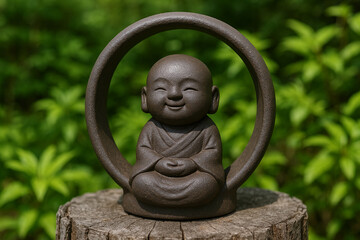 Serene buddha statue with smiling face sits peacefully in a circular frame on a tree stump