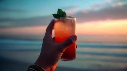 Hand holds tall cocktail with mint leaves against serene beach horizon during sunset; cocktail glows softly as cocktail catches pastel sky reflections in tropical vacation mood