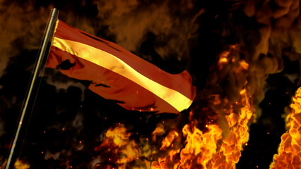 flag of Latvia on burning fire bg - hard times concept - abstract 3D rendering