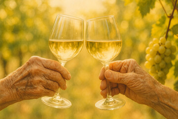 Elderly hands toasting white wine glasses in a sunlit vineyard