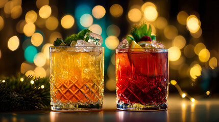 Two cocktails with ice, citrus and mint glow in crystal glasses near fairy lights; cocktails sparkle in warm tones as cocktails express festive mood and cocktails enhance cozy evening celebration