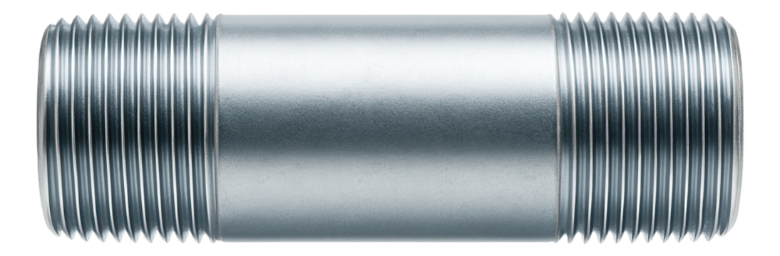 Zinc-plated pipe nipple for connecting threaded pipes in construction projects.