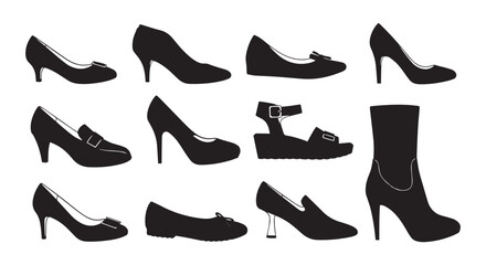 Elegant black shoe collection featuring heels flats boots and sandals silhouettes
