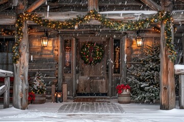 Christmas lights, garland, wreath, and trees decorating a log cabin entrance while snow is falling