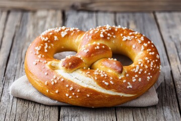 Freshly baked pretzel with coarse salt on a rustic wooden table, showcasing its golden-brown crust and soft interior, perfect for snacking or pairing with beverages
