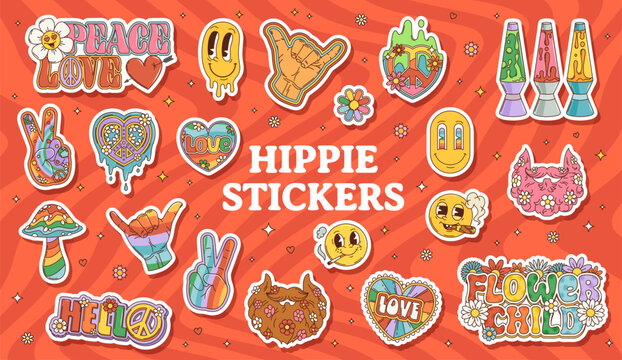 Naklejki Cartoon groovy hippie stickers pack. Retro funky labels or tags, 80s funny groovy vector patches. Mushroom, smoking emoji faces, hearts and beard with flowers, peace hands signs, lava lamp sticker set