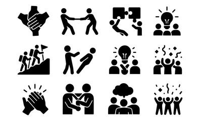Teamwork and collaboration icons set highlighting success and innovation