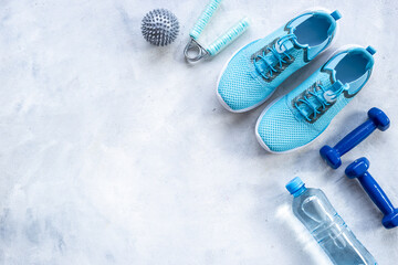 Still life of group sports equipment for fitness and healthy living, wellness concept, top view