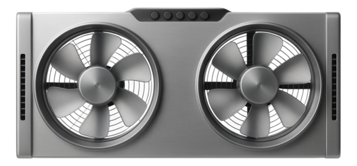 Window fan with dual reversible motors for a kitchen.