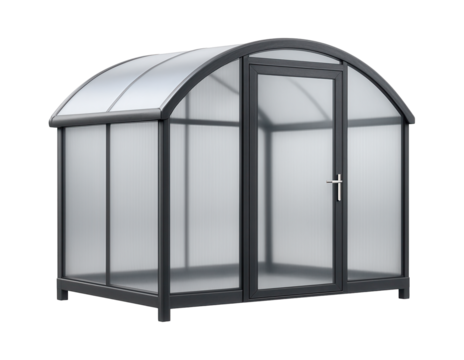 Greenhouse with a curved polycarbonate roof designed for a private garden to protect plants from harsh weather conditions.