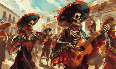 Day of the Dead, a lively street parade with participants in traditional costumes, faces painted like skulls