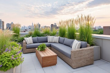 Modern rooftop garden featuring comfortable seating and overlooking New York City skyline