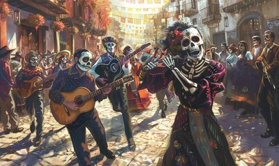 Day of the Dead, a lively street parade with participants in traditional costumes, faces painted like skulls
