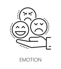 Emotion cognitive ability line icon or symbol. Mental capability thin line vector icon, human emotions sign. Brain cognitive functions ability pictogram with hand holding happy, sad and angry emoji