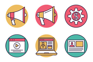 Icons of Megaphone, Gear, Dollar, Laptop, and Profile in Circles