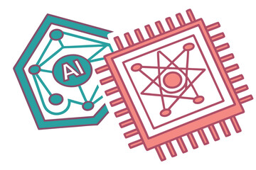 Illustration of A I icon and circuit board with interconnected nodes