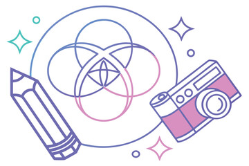 Illustration of pencil camera and geometric shapes on white