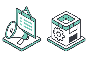 Isometric Icons: Megaphone, Clipboard, and Server with Gear
