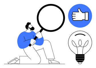 Person kneeling while holding magnifying glass. Nearby symbols include a thumbs-up for approval and a lightbulb for ideas. Ideal for brainstorming, creativity, search, growth, analysis, approval