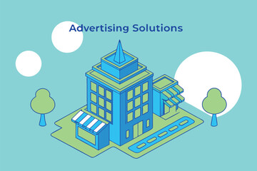 Isometric illustration of a blue and green cityscape with trees and white circles