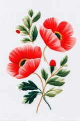 Detailed embroidery of red poppies and green leaves forming a delicate floral composition