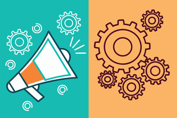 Megaphone and Gears Illustration on Teal and Orange Backgrounds 1