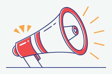 Red and White Megaphone Illustration with Orange and Blue Geometric Elements