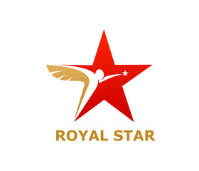 Gold star icon, Modern emblem featuring a red star with a golden winged figure reaching toward a smaller star. Vector label for symbolizing excellence, ambition, and prestige, luxury or leadership
