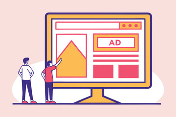 Two People Viewing Computer Screen with Ad and Geometric Shapes 1