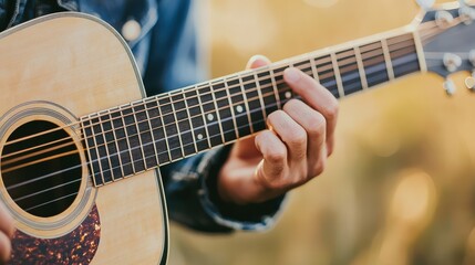 A close-up of a person playing an acoustic guitar, focusing on the hand pressing the strings on the fretboard during a golden hour outdoors.