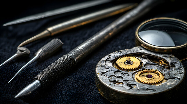 Close-up of watchmaker's tools and disassembled watch mechanism on dark surface.