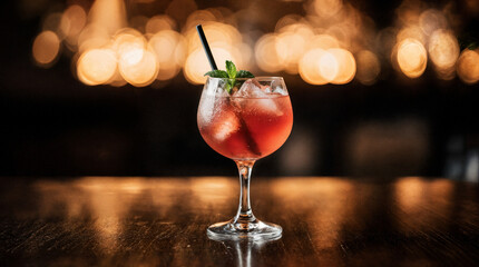 Evening Cocktail on Wooden Bar with Neon Glow &ndash; AI Generated