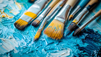Obraz premium Close-up of various paintbrushes on a blue and white painted canvas.