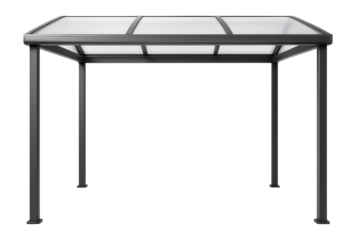 Garden canopy with integrated guttering, providing a rainproof solution for a home?s outdoor seating area.