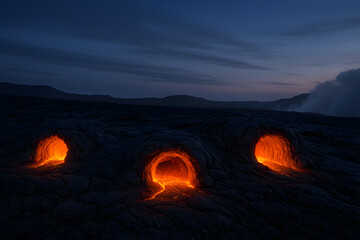 Molten lava bubbles up from three glowing vents in a surreal night landscape as waves of geothermal heat distort the air while drones and detectors scan for subsurface activity