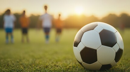 Fototapeta premium A close-up of a soccer ball on grass with four players blurred in the background during sunset.