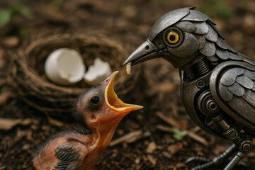 A robotic bird feeds a worm to an eager baby chick. Technology and nature merge in this unique scene.