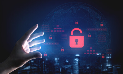 Digital security concept illustrating a cybersecurity breach, with a red unlocked padlock...