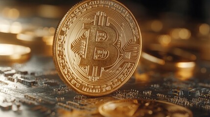 Gleaming bitcoin coins showcase the digital currency revolution on a motherboard background, representing technology and investment.