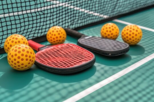 Two pickleball paddles and five yellow perforated balls rest on a green court near the net.