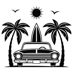 Vintage Car with Surfboard Palm Trees and Sun Summer Vibes