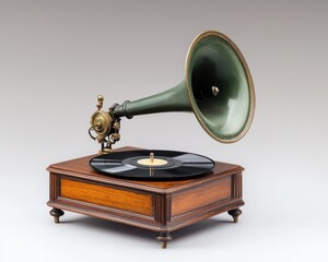 A vintage gramophone with a wooden base and a large green horn, playing a black vinyl record.