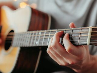 Close-up of a person playing chords on an acoustic guitar, focusing on fingers pressing the strings on the fretboard.