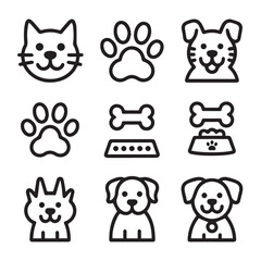 A collection of cute pet icons featuring dogs, cats, paw prints, and dog bones with food bowls