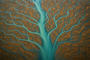 An aerial view reveals river deltas forming a tree-like pattern. Turquoise water contrasts with brown alluvial plains.