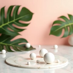 White spheres and lush leaves on a marble surface, a modern aesthetic.